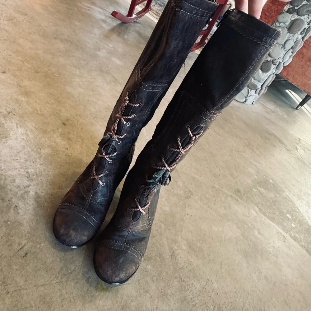 Monique Vintage Dark Brown Lace-Up Zipper Mid-Calf 3.5" Wood Heel Boots 8 - Picture 5 of 10